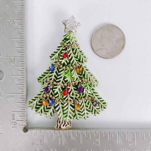 Signed Avon 2008 5th Annual Christmas Tree Brooch Green Enamel Rhinestones - Picture 10 of 11